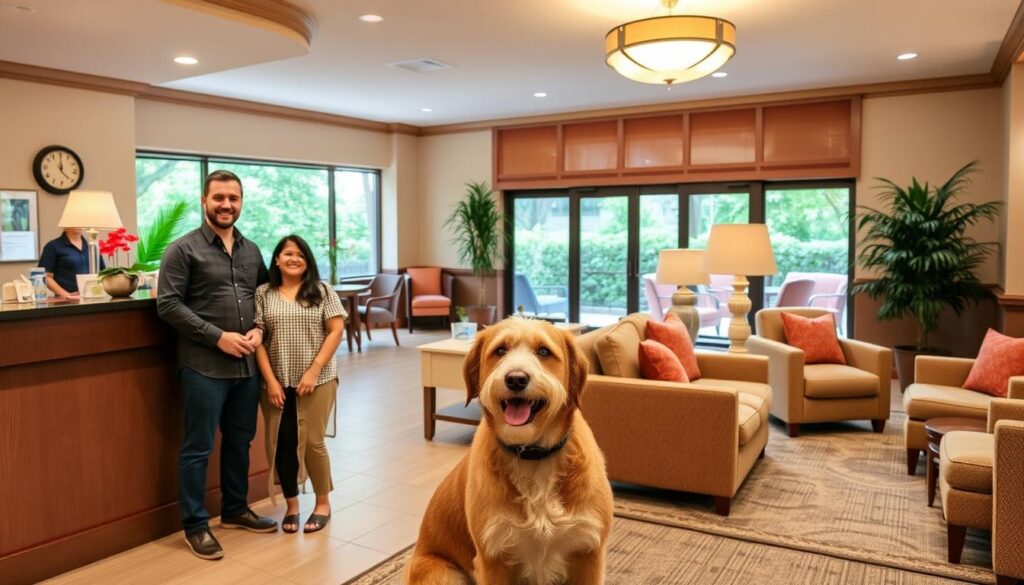 A cheerful pet-friendly hotel lobby, filled with cozy furnishings and tasteful decor. In the foreground, a smiling family with their well-behaved dog stands at the reception, being greeted by a friendly staff member. The middle ground showcases a comfortable lounge area with pet bowls and toys, while the background features a large window overlooking a lush, verdant garden. The lighting is warm and inviting, conveying a sense of relaxation and ease. The overall atmosphere is welcoming and accommodating, perfectly suited for weary travelers and their four-legged companions.