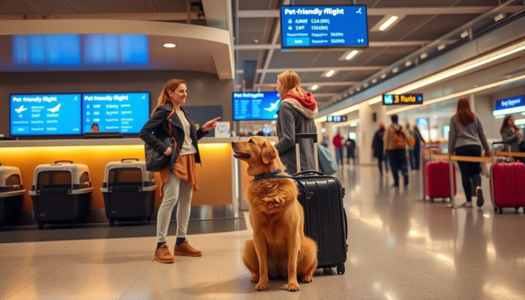 A cozy airport terminal, bathed in warm lighting, with an open counter displaying pet travel carriers and leashes. In the foreground, a person enthusiastically discussing travel plans with a friendly airline representative, their furry companion sitting patiently by their side. The middle ground showcases a digital screen displaying pet-friendly flight options, while the background subtly depicts other passengers navigating the bustling airport, creating a harmonious and welcoming atmosphere for the pet owner and their beloved pet.