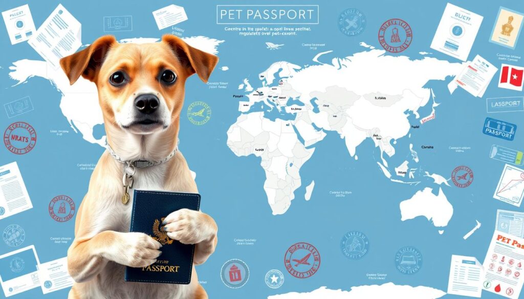 A detailed illustration of international pet travel regulations, showcasing the essential requirements and guidelines for pet passports. The foreground depicts a well-groomed dog or cat holding a pet passport, the middle ground features a world map highlighting the countries that mandate pet passports, and the background depicts various official-looking documents, stamps, and seals. The scene is brightly lit, with a clean, professional aesthetic, conveying a sense of authority and attention to detail. The overall mood is informative and navigational, guiding the viewer through the complex world of pet travel regulations.