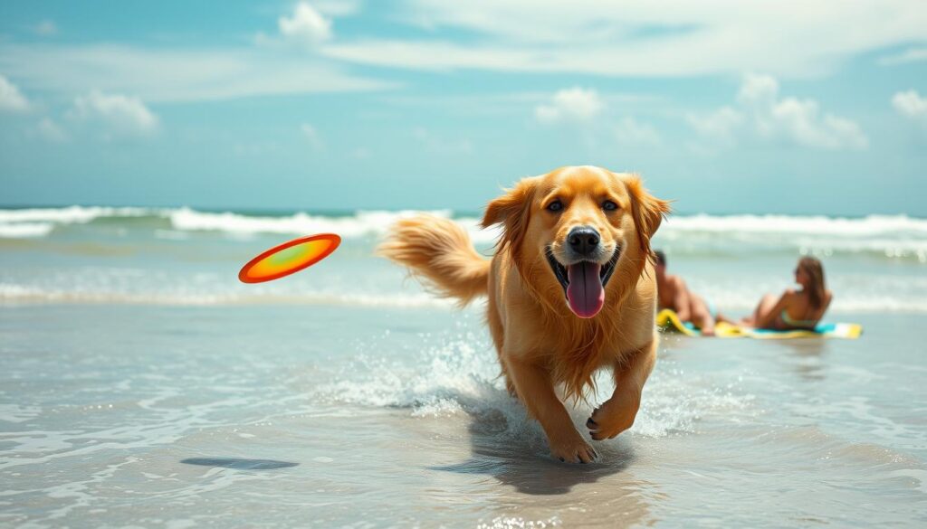 A golden retriever frolicking in the gentle surf of a sun-drenched beach, its wet fur glistening as it chases a Frisbee against a backdrop of azure skies and rolling waves. The dog's expression is one of pure joy, its tongue lolling happily as it bounds through the shallow waters. In the middle ground, a family relaxes on colorful beach towels, delighting in the playful antics of their four-legged companion. The scene is infused with a sense of carefree, summertime bliss, captured through a warm, natural lighting and a wide-angle lens that emphasizes the expansive, picturesque setting.