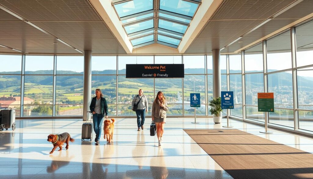 A peaceful airport terminal, filled with natural light and welcoming pet-friendly decor. Passengers leisurely navigate the spacious concourse, their furry companions at their side. In the background, panoramic windows offer glimpses of lush European landscapes - rolling hills, quaint villages, and bustling city skylines. Elegant signage and discreet pet-relief areas cater to the needs of both human and animal travelers. A warm, inviting atmosphere permeates the scene, conveying the ease and comfort of pet-friendly travel throughout the European Union.