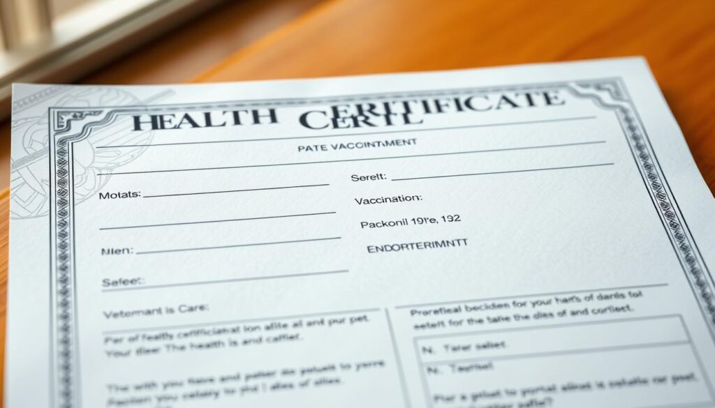 A pristine, official-looking health certificate for pets, printed on high-quality paper with a subtle watermark pattern. The certificate features a professional layout with clear sections for pet information, vaccination records, and veterinary endorsement. The document is backlit with warm, natural lighting, creating a sense of authority and authenticity. The overall design and presentation convey a tone of responsibility and care for the well-being of the pet during international travel.