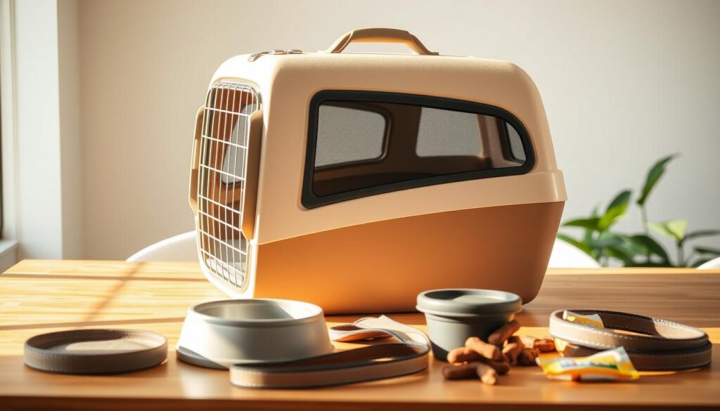 A sleek, modern pet carrier in a soft, neutral beige color sits on a wooden table, bathed in warm, natural lighting. The carrier has a sturdy, breathable mesh panel on the sides and a durable, yet comfortable padded interior. In the foreground, various pet travel accessories like a collapsible water bowl, leash, and treats are neatly arranged, conveying a sense of preparedness. The background features a minimalist, uncluttered space with subtle hints of greenery, creating a calming, stress-free atmosphere suitable for the article's subject.