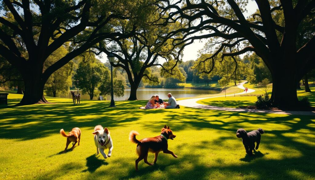 A sun-dappled park scene with a lush, verdant lawn, surrounded by towering oak trees casting soft shadows. In the foreground, a group of playful dogs of various breeds - a golden retriever, a border collie, and a poodle - happily running and chasing each other. In the middle ground, a family picnicking on a checkered blanket, their furry companions lounging nearby. In the background, a winding path leads to a serene lake, its calm waters reflecting the sky. The scene is bathed in warm, golden light, creating a welcoming and tranquil atmosphere, perfect for a dog-friendly day out.