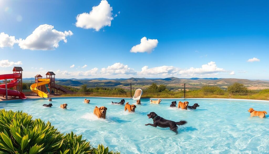 A vibrant, pet-friendly water park on a sunny day, with lush greenery and colorful slides in the foreground. In the middle ground, dogs of various breeds frolic in the cool water, splashing and playing joyfully. The background features a panoramic vista of rolling hills, blue skies, and fluffy white clouds. The scene is captured with a wide-angle lens, creating a sense of depth and adventure. The lighting is warm and natural, casting a golden glow over the entire setting, evoking a mood of pure, carefree summertime fun.