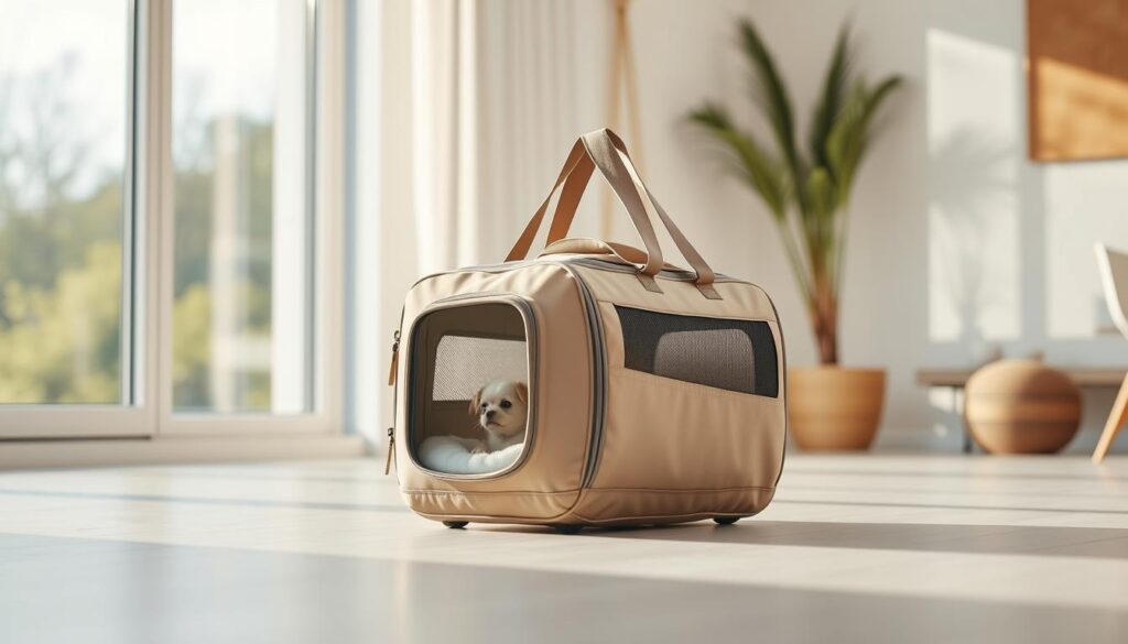 A well-designed pet carrier standing in a bright, airy room. The carrier is made of sturdy, lightweight material in a neutral color, with a transparent front panel to allow the pet to see out. The carrier has cushioned interior and sturdy mesh ventilation panels on the sides. A comfortable, ergonomic handle and adjustable shoulder strap allow for easy portability. The scene is bathed in warm, natural light from a large window, casting a soft glow on the carrier. The room's decor is minimalist and calming, with subtle earth-toned accents, creating a relaxing atmosphere for the pet's travel experience.