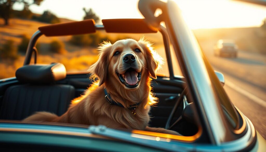 A well-equipped golden retriever sits in the passenger seat of a vintage convertible, its head poking out the window as the sun-dappled countryside rushes by. The dog's joyful expression and the car's classic lines create a charming, nostalgic scene, capturing the spirit of an unforgettable road trip. The image is framed with a shallow depth of field, drawing the viewer's eye to the playful canine companion at the heart of the adventure. Warm, golden lighting filters through the windshield, casting a serene, inviting atmosphere and hinting at the winding roads and scenic vistas that lay ahead.