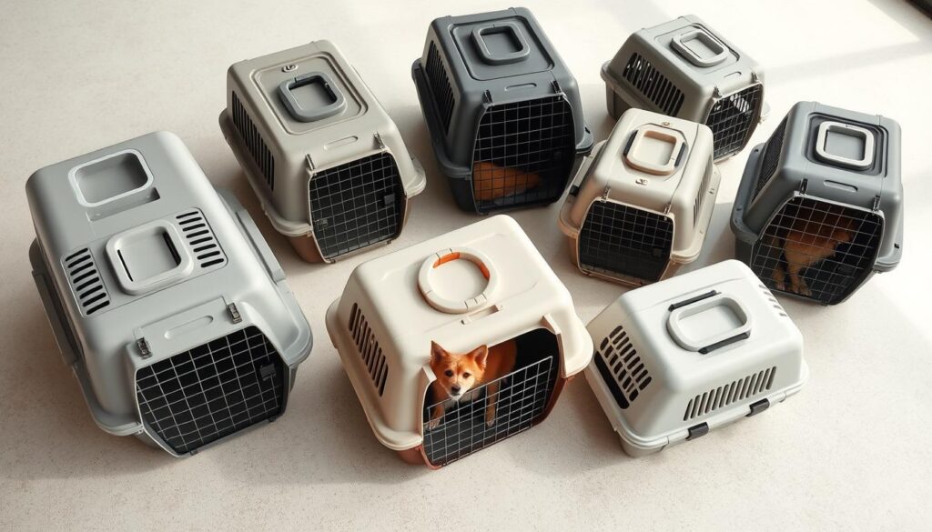 A well-lit, high-angle studio shot of an assortment of pet carriers suitable for air travel. The carriers are arranged on a clean, neutral-colored surface, showcasing their various sizes, shapes, and features. Soft, natural lighting illuminates the scene, highlighting the materials, textures, and details of the carriers, such as ventilation panels, securing mechanisms, and branding. The carriers are positioned to provide a sense of depth and dimensional composition, inviting the viewer to closely examine and compare the options. The overall mood is one of practicality, quality, and attention to the needs of both pets and their owners during air travel.