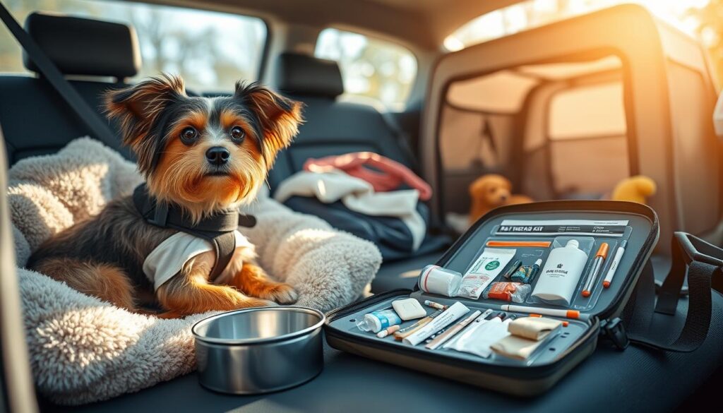 A well-lit, high-resolution photograph of a pet traveler's safety setup. In the foreground, a dog or cat securely buckled into a specialized pet car harness or carrier, with plush bedding and water bowl. The middle ground shows an open pet first-aid kit with bandages, medications, and other essential supplies. In the background, a cozy travel crate or collapsible playpen, with the pet's favorite toys and treats. The overall scene conveys a sense of care, preparedness, and the pet's comfort and security during the journey. Lit by warm, natural daylight with a shallow depth of field.