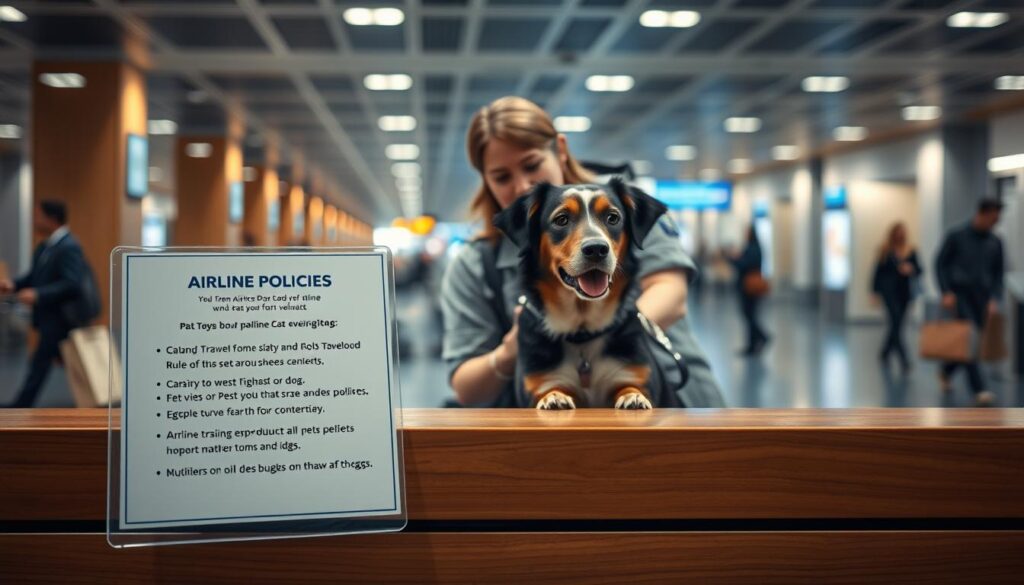 Airline policies for dogs, a formal yet warm scene. A wooden counter in the foreground, with an official-looking sign detailing pet travel rules and requirements. Behind it, a uniformed airline agent provides guidance to a well-behaved canine companion and its owner. The background showcases a busy airport terminal, with passengers navigating the space. Soft, directional lighting illuminates the scene, creating a sense of professionalism and care. The composition is balanced, with the dog and its owner positioned centrally, emphasizing the focus on their journey. The overall atmosphere conveys a welcoming and accommodating environment for pet travelers.