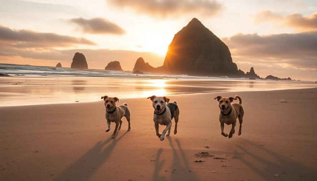 Image of Cannon Beach, Oregon with dogs