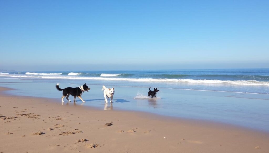 Image of Carmel Beach with dogs playing in the sand and water
