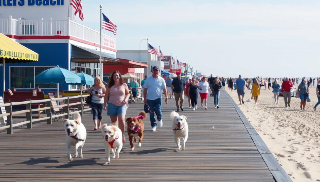 Image of Rehoboth Beach boardwalk with dogs and their owners