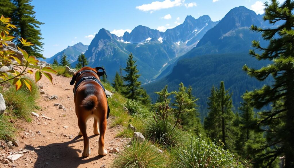 Image of a dog hiking on a trail in the mountains