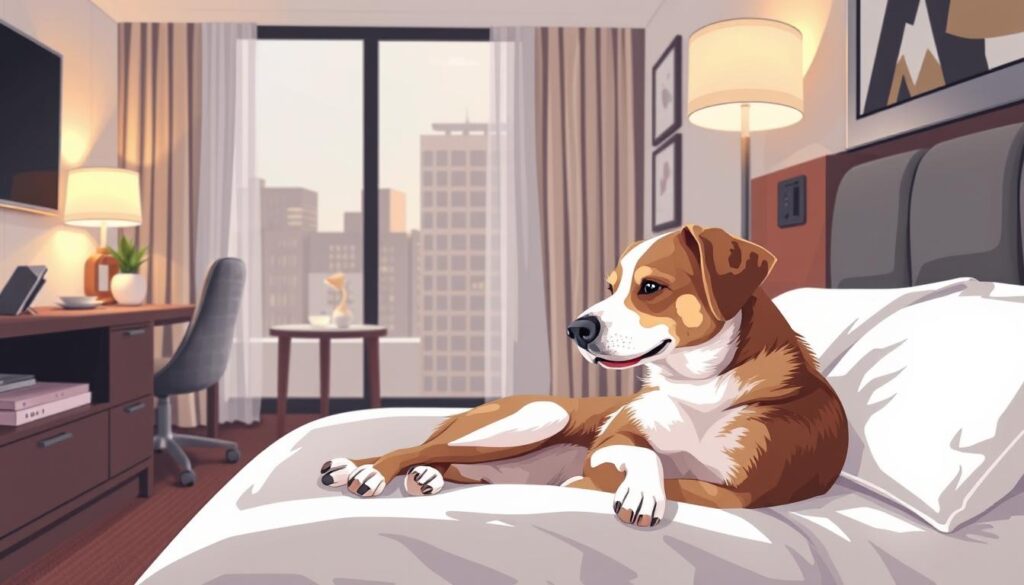 Image of a dog in a hotel room
