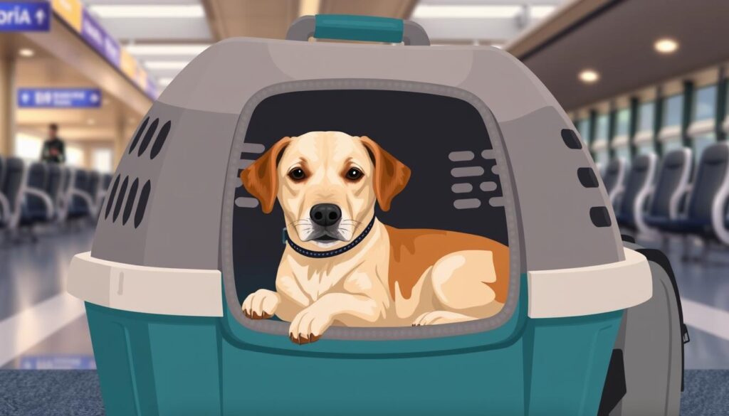Image of a dog in an airline-approved carrier
