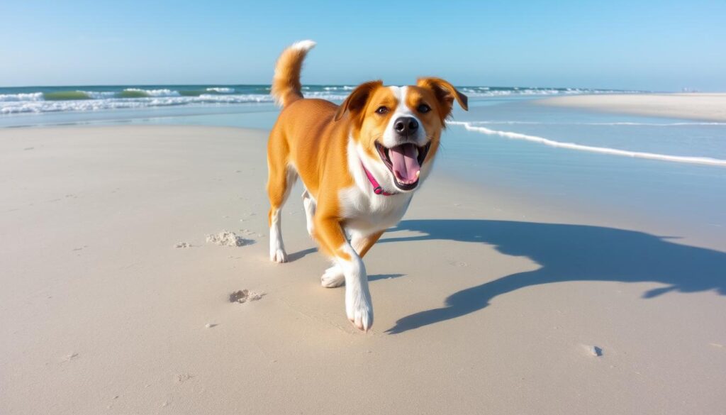 Image of a dog playing on a Gulf Coast beach