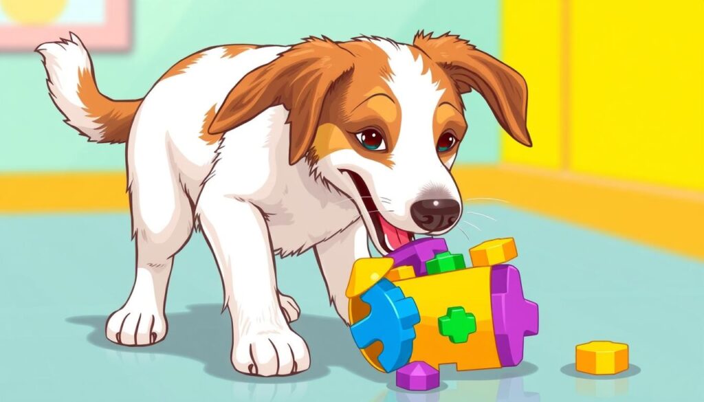 Image of a dog playing with an interactive puzzle toy