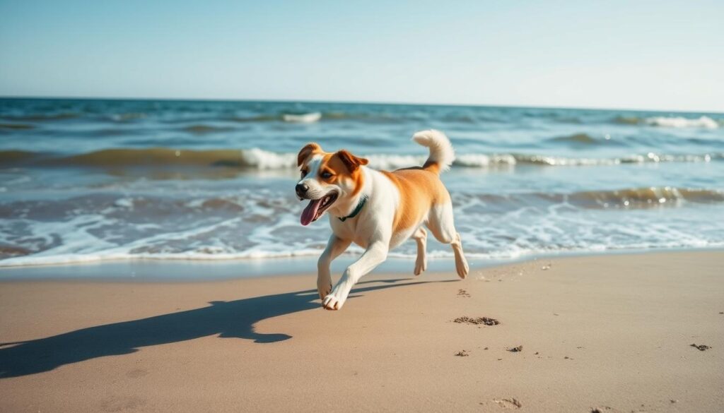 Image of a dog running on a Great Lakes beach