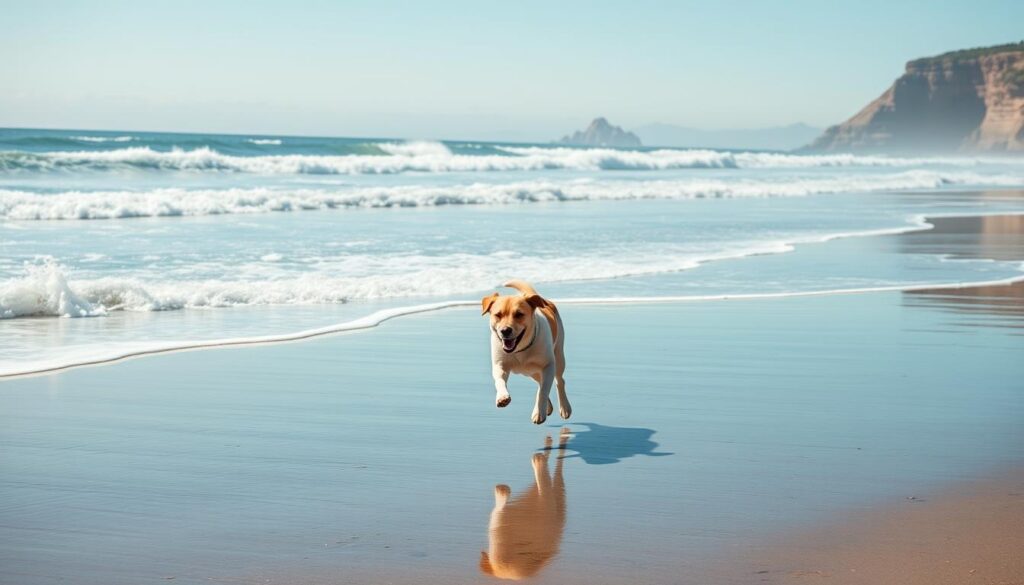 Image of a dog running on a West Coast beach