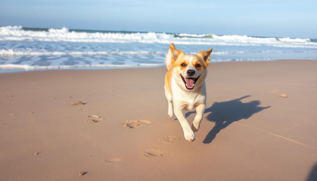 Image of a dog running on a beach on the East Coast