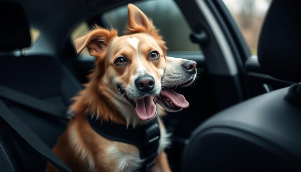 Image of a dog safely secured in a car with a harness