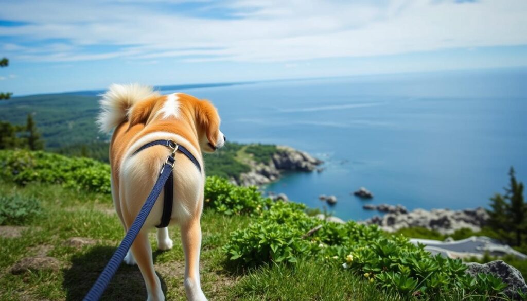 Image of a dog walking on a leash in Acadia National Park