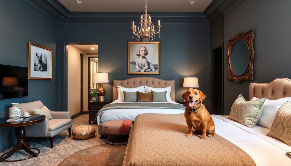 Image of a luxurious boutique hotel with a pet-friendly room