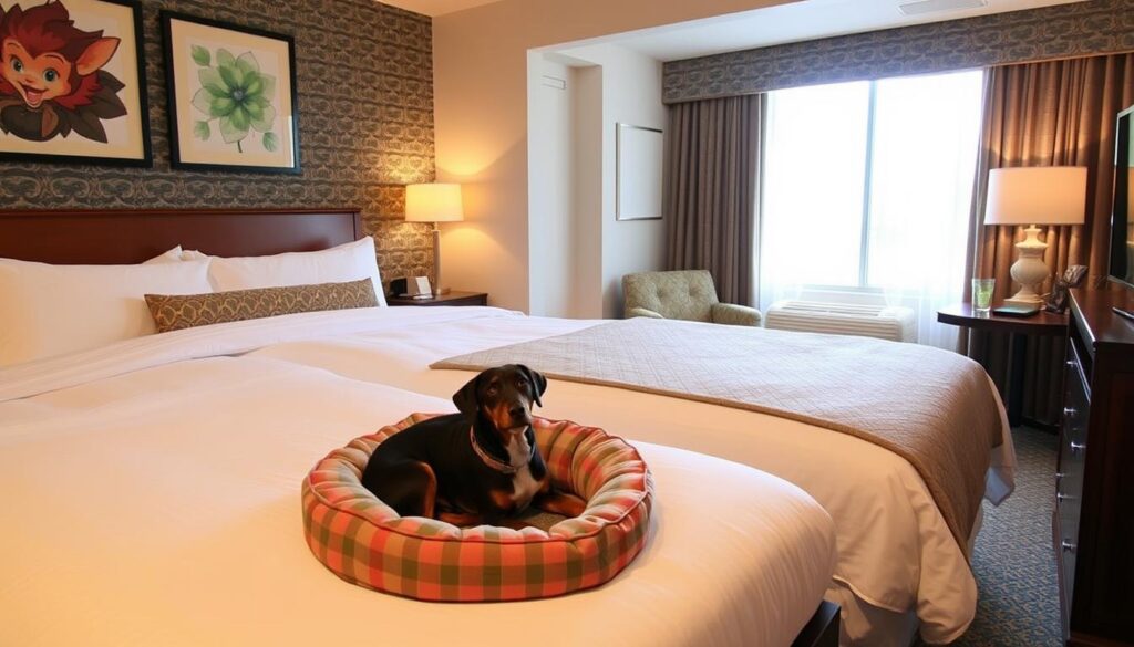 Image of a pet-friendly Kimpton hotel room with a dog bed and treats