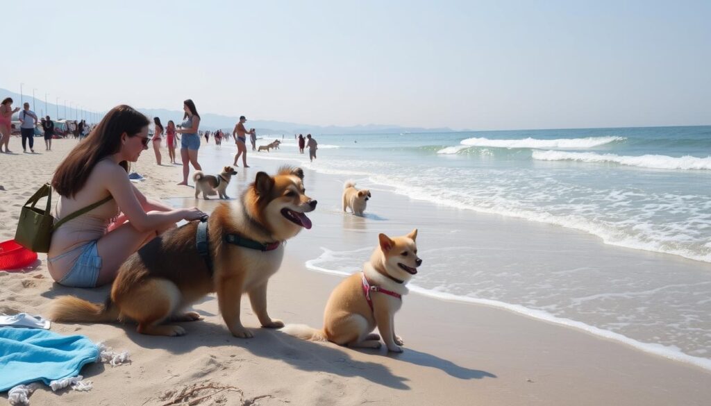 Image of a pet-friendly beach in Japan with people and their pets enjoying the sun and sea.