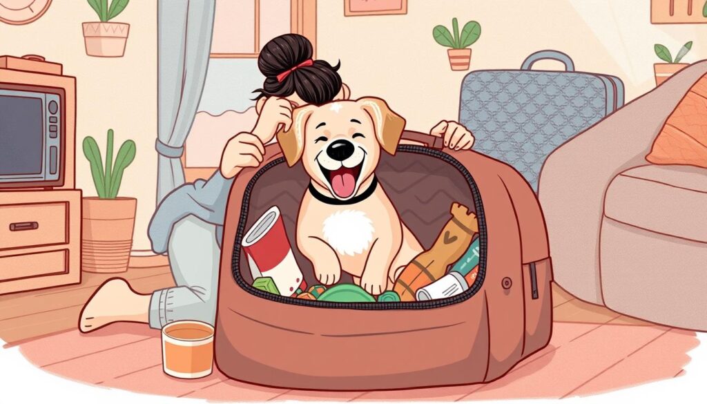 Image of a pet owner packing a travel bag with pet essentials