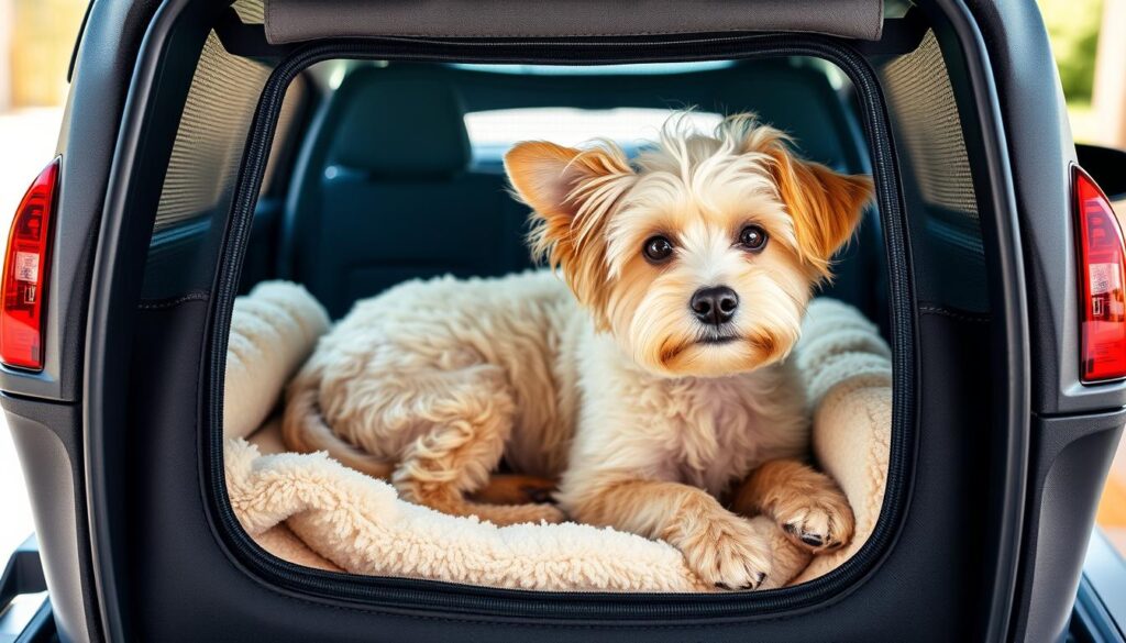 Image of a pet travel carrier with a comfortable dog inside