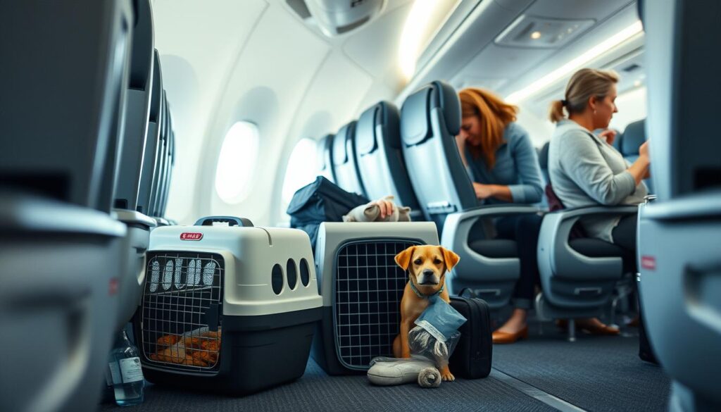 Prompt A tranquil airplane cabin interior, with cozy seats and soft lighting. In the foreground, a well-cared-for pet carrier rests on the floor, its occupant peering curiously through the mesh window. Beside it, a thoughtful traveler double-checks essential supplies - water, treats, and a reassuring toy. The middle ground reveals other passengers absorbed in their journeys, creating a serene, uninterrupted ambiance. The background depicts the aircraft's gentle motion, conveying a sense of safety and reliability as the plane glides effortlessly through the sky. Overall, the scene exudes a calming, harmonious atmosphere that prioritizes the pet's comfort and well-being during air travel.